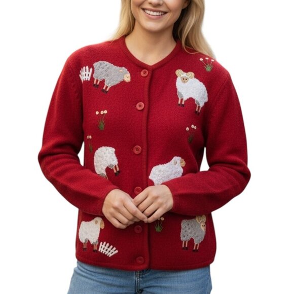 Vintage Sheep Applique Red Boiled Wool Cardigan Lisa International Size Medium - Picture 1 of 7